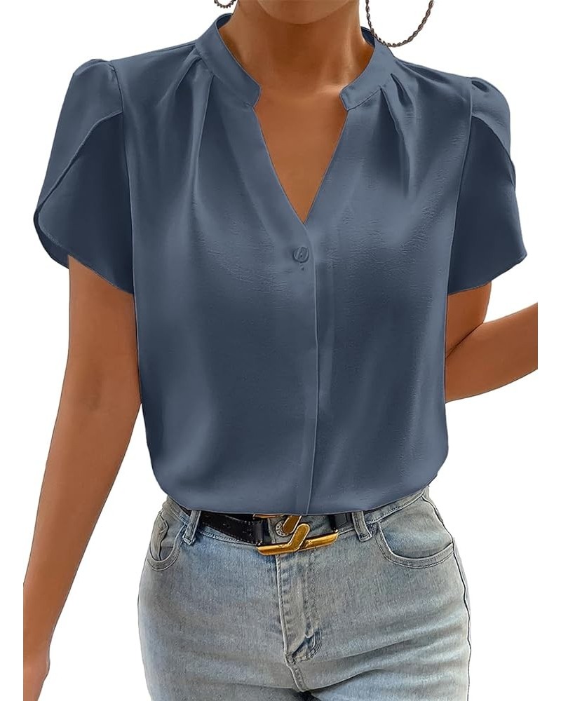 Women's Casual Notched V Neck Cap Sleeve Dressy Chiffon Blouse Tops Gray Blue $10.75 Blouses