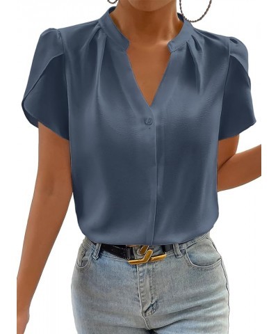 Women's Casual Notched V Neck Cap Sleeve Dressy Chiffon Blouse Tops Gray Blue $10.75 Blouses