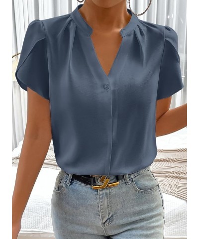 Women's Casual Notched V Neck Cap Sleeve Dressy Chiffon Blouse Tops Gray Blue $10.75 Blouses