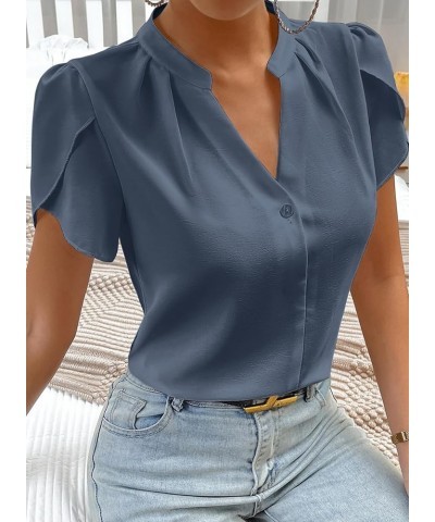 Women's Casual Notched V Neck Cap Sleeve Dressy Chiffon Blouse Tops Gray Blue $10.75 Blouses