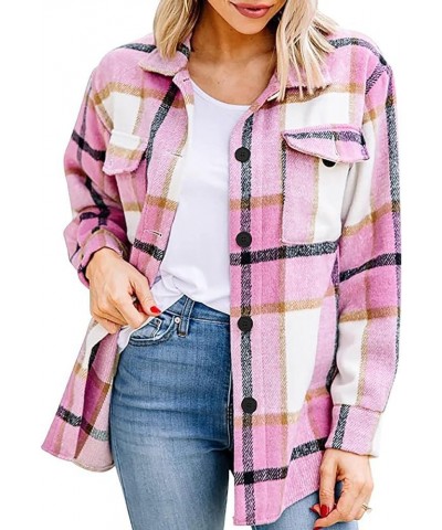 Plaid Shacket Womens Casual Tartan Over Shirt Long Sleeve Trench Coat Wool Blend Flannel Jacket Fall Fashion Clothes A07 pink...