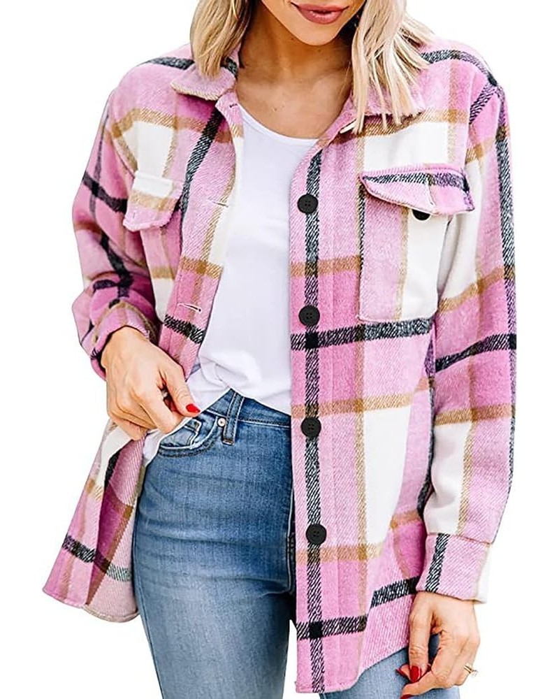 Plaid Shacket Womens Casual Tartan Over Shirt Long Sleeve Trench Coat Wool Blend Flannel Jacket Fall Fashion Clothes A07 pink...