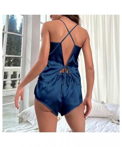 Silk Pajamas for Women Set 2 Piece Sexy Lingerie Womens Pajama Sets Cami Shorts Set Lace Sleepwear Nightwear D-navy $8.25 Sle...