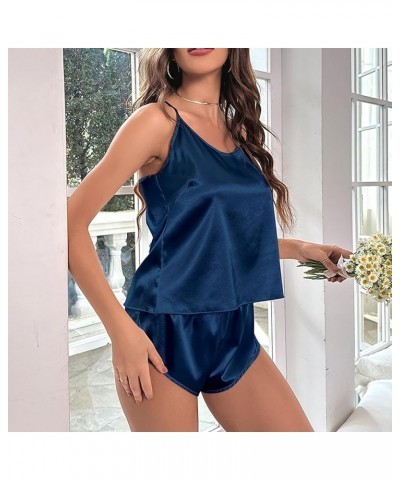 Silk Pajamas for Women Set 2 Piece Sexy Lingerie Womens Pajama Sets Cami Shorts Set Lace Sleepwear Nightwear D-navy $8.25 Sle...