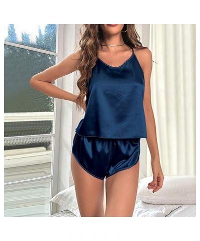 Silk Pajamas for Women Set 2 Piece Sexy Lingerie Womens Pajama Sets Cami Shorts Set Lace Sleepwear Nightwear D-navy $8.25 Sle...