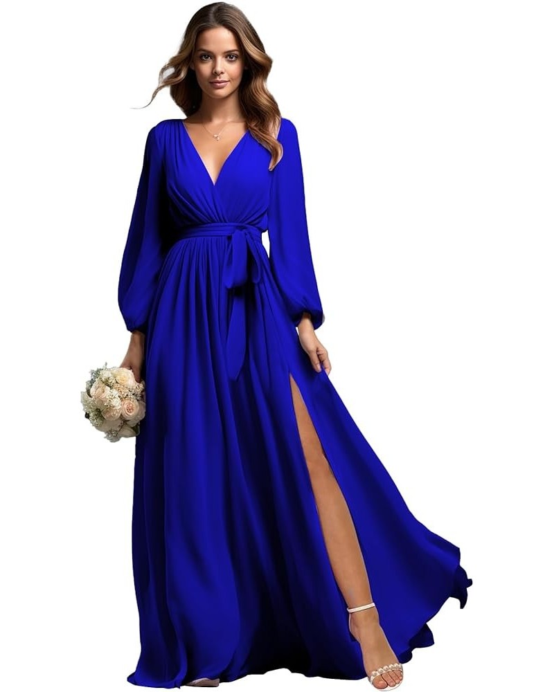 Women's Long Sleeve Bridesmaid Dresses Wrap Slit V Neck Chiffon Ruched A Line Formal Evening Party Gown Royal Blue $45.00 Dre...