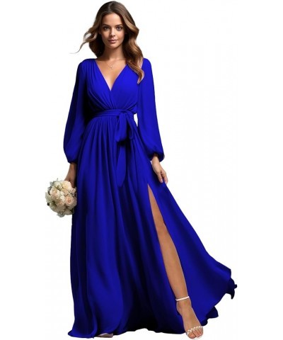 Women's Long Sleeve Bridesmaid Dresses Wrap Slit V Neck Chiffon Ruched A Line Formal Evening Party Gown Royal Blue $45.00 Dre...