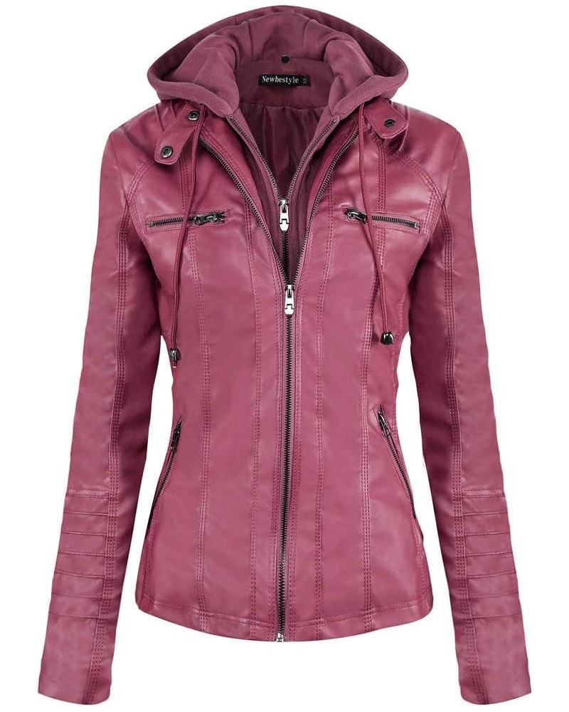 Women's Faux Leather Moto Biker Jacket Removable Hoodie Zipper Coat Vivid Burgundy $27.55 Coats