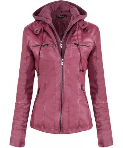 Women's Faux Leather Moto Biker Jacket Removable Hoodie Zipper Coat Vivid Burgundy $27.55 Coats