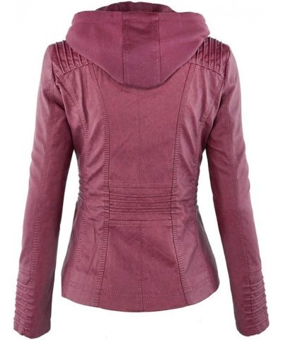 Women's Faux Leather Moto Biker Jacket Removable Hoodie Zipper Coat Vivid Burgundy $27.55 Coats