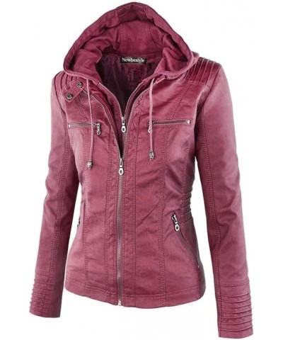 Women's Faux Leather Moto Biker Jacket Removable Hoodie Zipper Coat Vivid Burgundy $27.55 Coats