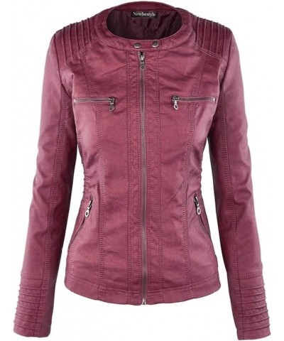 Women's Faux Leather Moto Biker Jacket Removable Hoodie Zipper Coat Vivid Burgundy $27.55 Coats