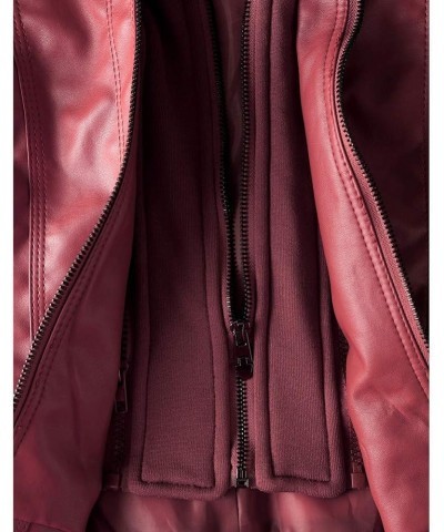 Women's Faux Leather Moto Biker Jacket Removable Hoodie Zipper Coat Vivid Burgundy $27.55 Coats