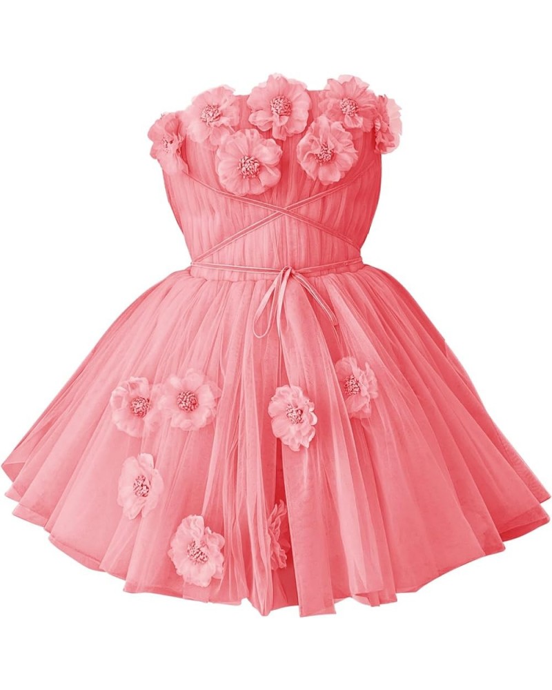 Strapless Tulle Short Homecoming Dresses for Teens Flowers A Line Cocktail Party Gowns Water Red $40.49 Dresses