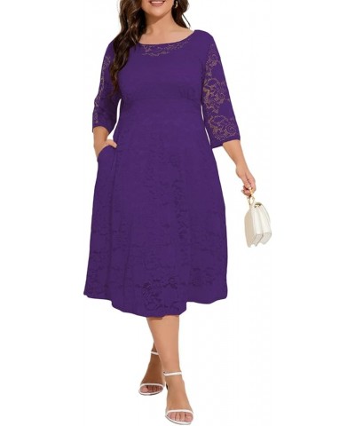 Women Plus Size Floral Lace 3/4 Sleeve Party Wedding Cocktail Swing Midi Dress with Pockets 6 Purple $10.25 Dresses