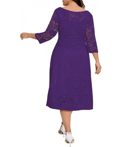 Women Plus Size Floral Lace 3/4 Sleeve Party Wedding Cocktail Swing Midi Dress with Pockets 6 Purple $10.25 Dresses