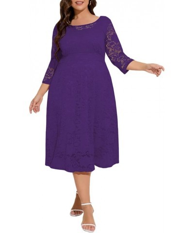 Women Plus Size Floral Lace 3/4 Sleeve Party Wedding Cocktail Swing Midi Dress with Pockets 6 Purple $10.25 Dresses