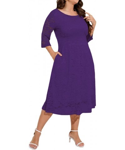 Women Plus Size Floral Lace 3/4 Sleeve Party Wedding Cocktail Swing Midi Dress with Pockets 6 Purple $10.25 Dresses