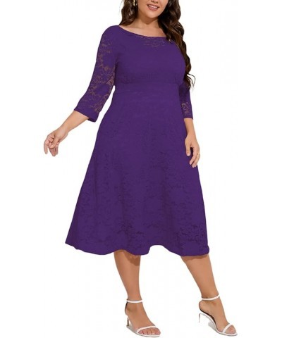 Women Plus Size Floral Lace 3/4 Sleeve Party Wedding Cocktail Swing Midi Dress with Pockets 6 Purple $10.25 Dresses