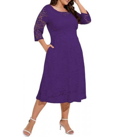 Women Plus Size Floral Lace 3/4 Sleeve Party Wedding Cocktail Swing Midi Dress with Pockets 6 Purple $10.25 Dresses