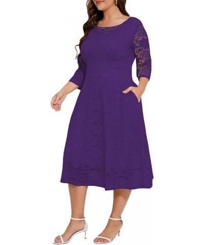 Women Plus Size Floral Lace 3/4 Sleeve Party Wedding Cocktail Swing Midi Dress with Pockets 6 Purple $10.25 Dresses