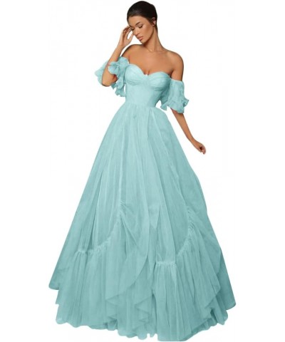 Off Shoulder Tulle Ball Gown Long Puffy Short Sleeve Prom Dresses Sweetheart Ball Gown Formal Dress for Women Light Blue $45....