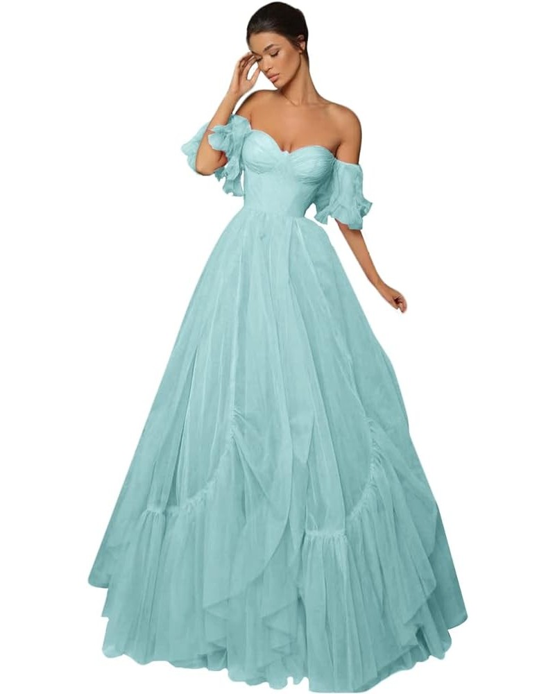 Off Shoulder Tulle Ball Gown Long Puffy Short Sleeve Prom Dresses Sweetheart Ball Gown Formal Dress for Women Light Blue $45....