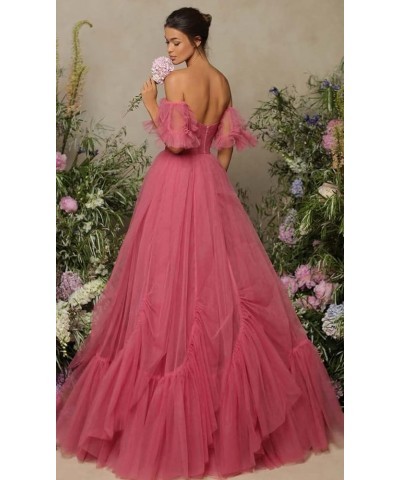 Off Shoulder Tulle Ball Gown Long Puffy Short Sleeve Prom Dresses Sweetheart Ball Gown Formal Dress for Women Light Blue $45....