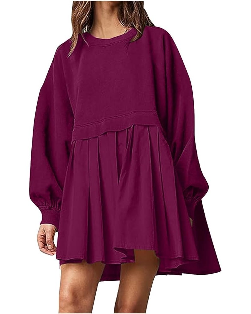 Sweatshirt Dress for Women Oversized Long Sleeve Crewneck Pullover Tops Patchwork Loose Flowy Pleated Mini Dress 01 Wine $8.1...