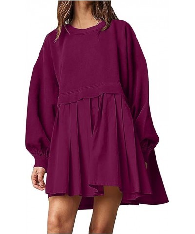 Sweatshirt Dress for Women Oversized Long Sleeve Crewneck Pullover Tops Patchwork Loose Flowy Pleated Mini Dress 01 Wine $8.1...