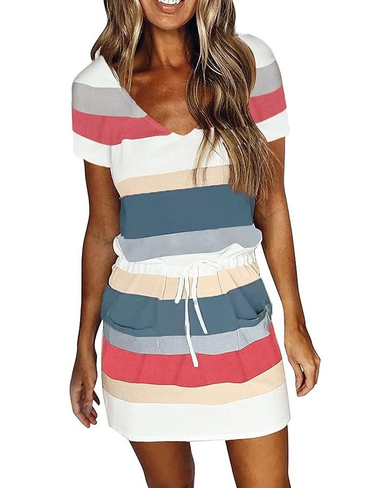 Women Summer Sleeveless Striped Lace Up Drawstring Dress V Neck Drawstring Sling Dress Blue a $10.25 Dresses