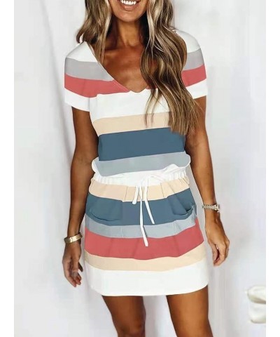 Women Summer Sleeveless Striped Lace Up Drawstring Dress V Neck Drawstring Sling Dress Blue a $10.25 Dresses