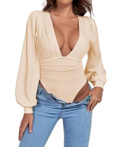 Women's Plunging V Neck Ruched Pleated Long Sleeve Top Leotard Bodysuit Khaki $10.49 Bodysuits