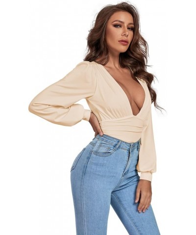 Women's Plunging V Neck Ruched Pleated Long Sleeve Top Leotard Bodysuit Khaki $10.49 Bodysuits