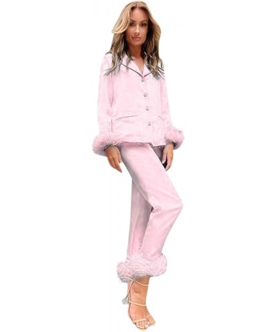 Silk Pajamas for Women Plus Size Womens Pajama Sets Cotton Shorts Silk Lace Pajamas Lounge Set B-pink $16.68 Sleep & Lounge