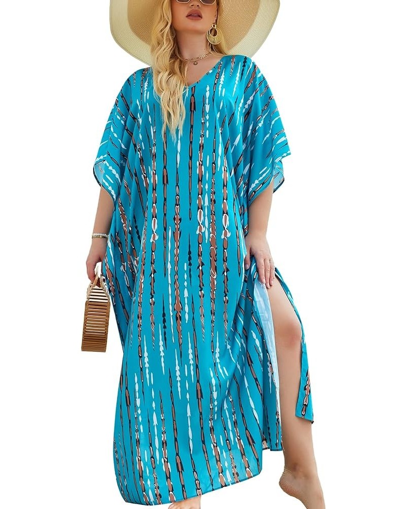 Womens Plus Size Bathing Suit Cover Up Colorful Beach Kaftan Dress Long Bikini Cover Up Swimsuit Beachwear Blue $20.39 Swimsuits