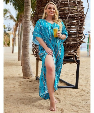 Womens Plus Size Bathing Suit Cover Up Colorful Beach Kaftan Dress Long Bikini Cover Up Swimsuit Beachwear Blue $20.39 Swimsuits