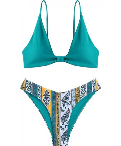 ZAFUL Women's Tie Knot Front Spaghetti Strap High Cut Bikini Set Swimsuit 1-floral Green $20.51 Swimsuits