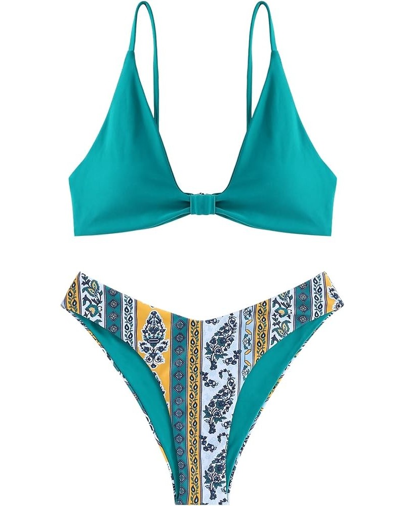 ZAFUL Women's Tie Knot Front Spaghetti Strap High Cut Bikini Set Swimsuit 1-floral Green $20.51 Swimsuits