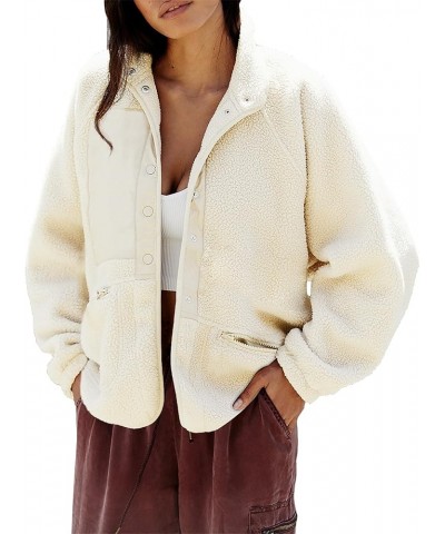 Women 2023 Fall Winter Fleece Jacket Long Sleeve Casual Button Fuzzy Sherpa Cropped Coats Outerwear with Pockets Off-white $1...