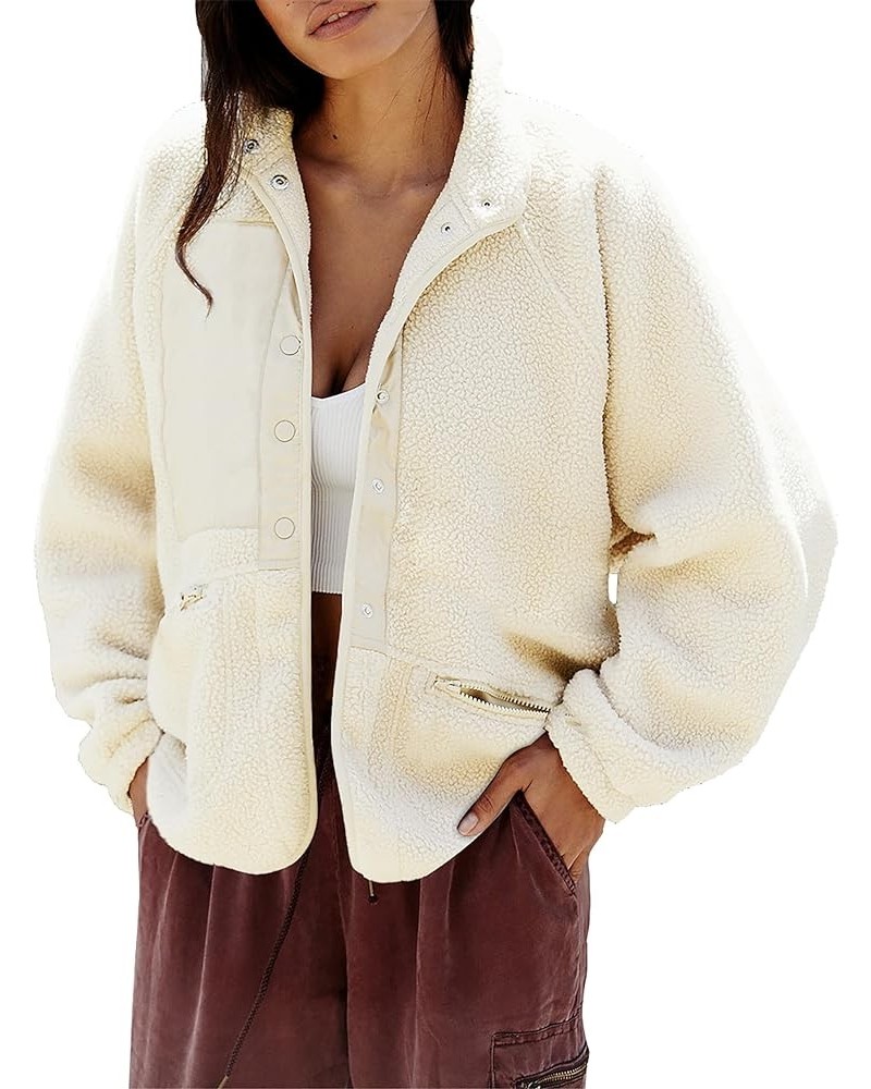 Women 2023 Fall Winter Fleece Jacket Long Sleeve Casual Button Fuzzy Sherpa Cropped Coats Outerwear with Pockets Off-white $1...