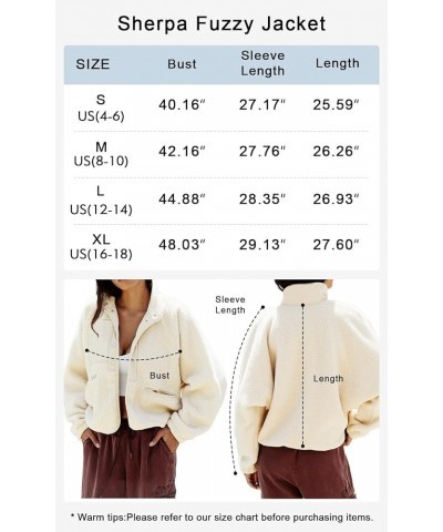 Women 2023 Fall Winter Fleece Jacket Long Sleeve Casual Button Fuzzy Sherpa Cropped Coats Outerwear with Pockets Off-white $1...