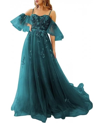 Off The Shoulder Lace Appliques Prom Dresses Long 2023 Tulle Corset Puffy Sleeve Formal Evening Gowns Teal $38.25 Dresses