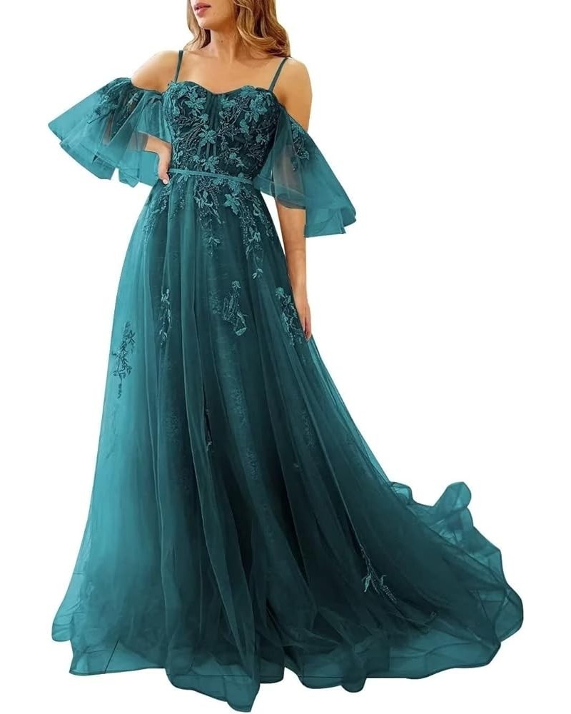 Off The Shoulder Lace Appliques Prom Dresses Long 2023 Tulle Corset Puffy Sleeve Formal Evening Gowns Teal $38.25 Dresses