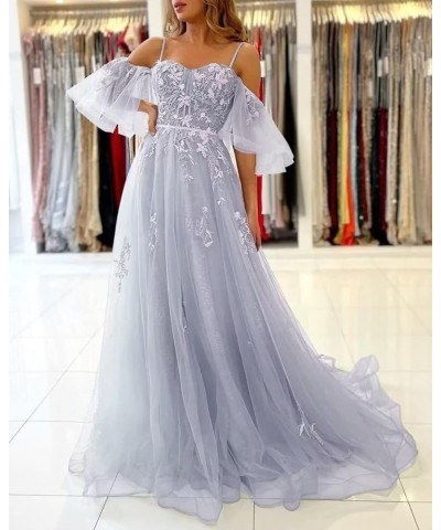 Off The Shoulder Lace Appliques Prom Dresses Long 2023 Tulle Corset Puffy Sleeve Formal Evening Gowns Teal $38.25 Dresses