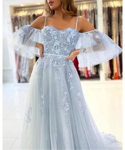 Off The Shoulder Lace Appliques Prom Dresses Long 2023 Tulle Corset Puffy Sleeve Formal Evening Gowns Teal $38.25 Dresses