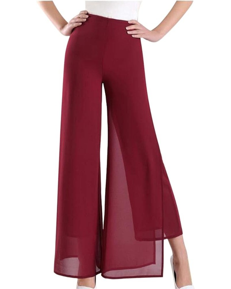 Womens Chiffon High Waist Palazzo Dressy Pants Flare Elastic Waist Culottes Trousers Pant Suits Burgundy Split $20.90 Pants