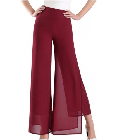 Womens Chiffon High Waist Palazzo Dressy Pants Flare Elastic Waist Culottes Trousers Pant Suits Burgundy Split $20.90 Pants