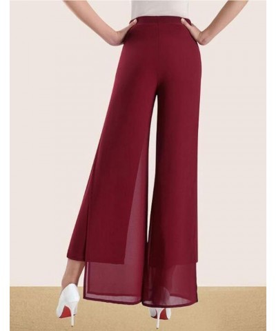 Womens Chiffon High Waist Palazzo Dressy Pants Flare Elastic Waist Culottes Trousers Pant Suits Burgundy Split $20.90 Pants