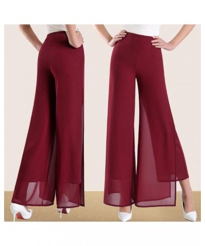 Womens Chiffon High Waist Palazzo Dressy Pants Flare Elastic Waist Culottes Trousers Pant Suits Burgundy Split $20.90 Pants